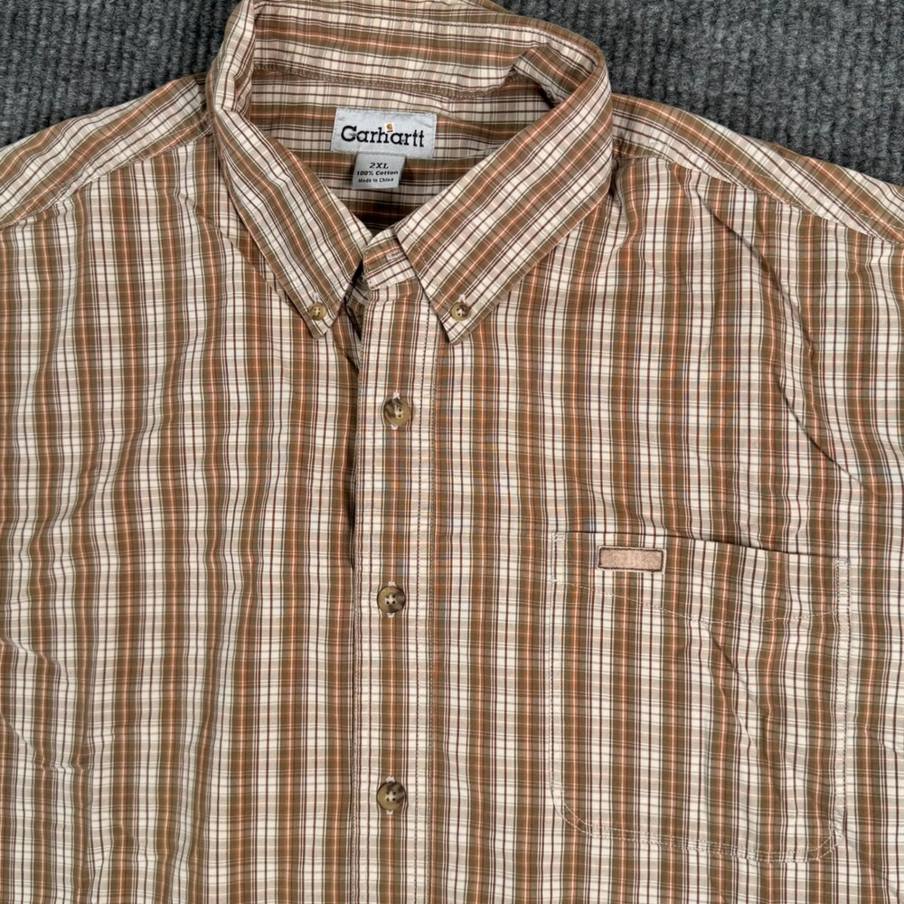 VTG Carhartt Shirt Mens 2XL Plaid‎ Short Sleeve Button Up Workwear Brown Y2K